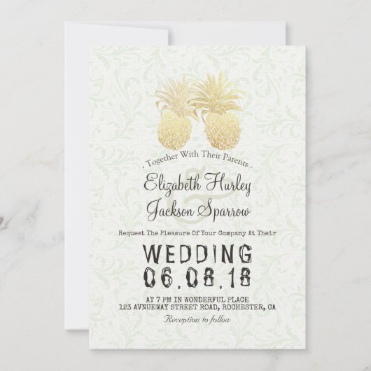 Invitation Mariage moderne Élégant Or Huile d'ananas Couple (Devant)