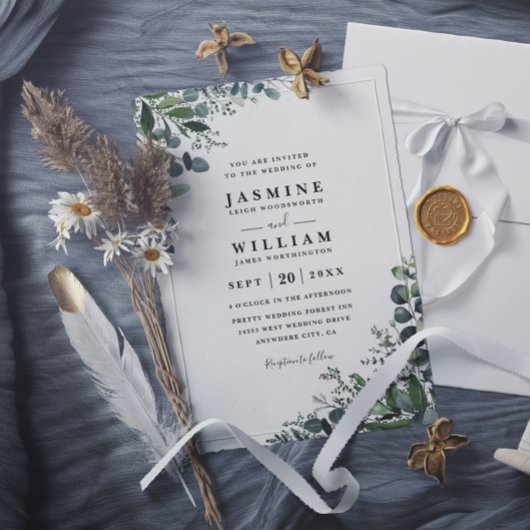 Invitation Mariage Moderne Élégant Rustique avec Verdure d'Eu