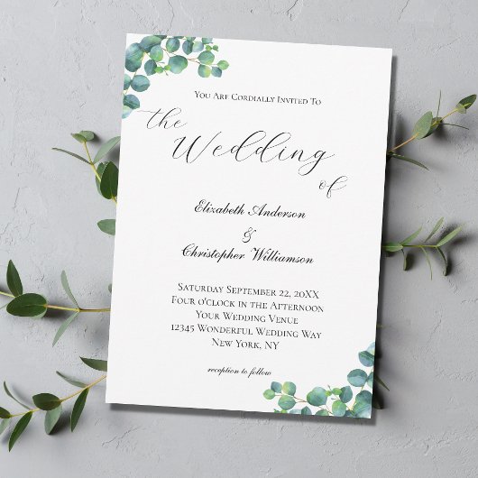 Invitation Mariage Moderne Élégant Script Botanique Eucalyptu