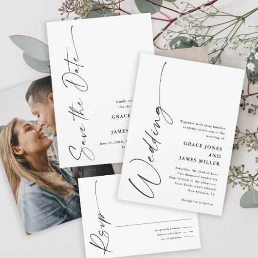 Invitation Mariage Moderne Élégant Script Noir et Blanc