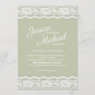 Invitation Mariage Moderne Élégant Vert Sauge Blanc Dentelle