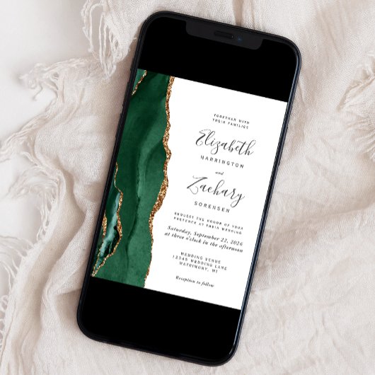 Invitation Mariage moderne Emerald Green Gold Agate