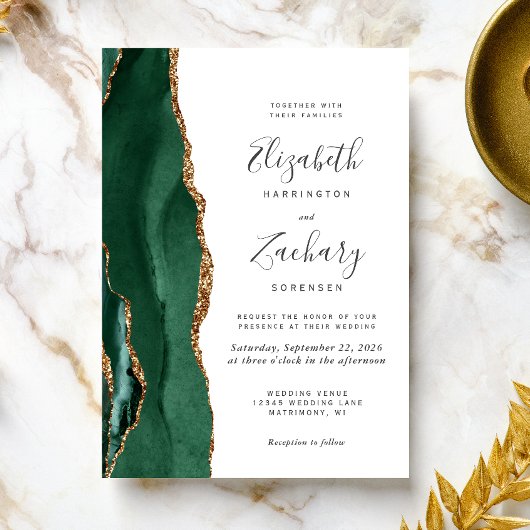 Invitation Mariage moderne Emerald Green Gold Agate
