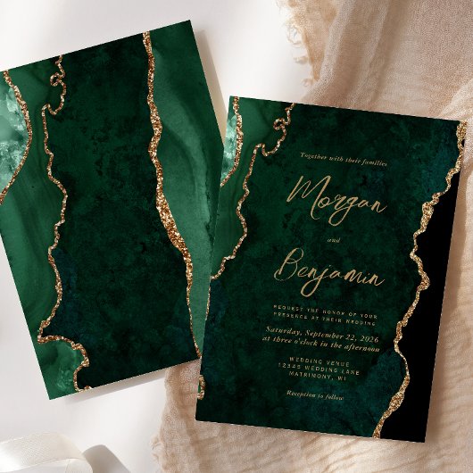 Invitation Mariage Moderne Émeraude Vert Agate Script