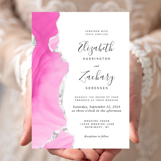 Invitation Mariage Moderne en Agate Rose Argent