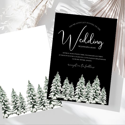 Invitation Mariage moderne en forêt de pins enneigée noire