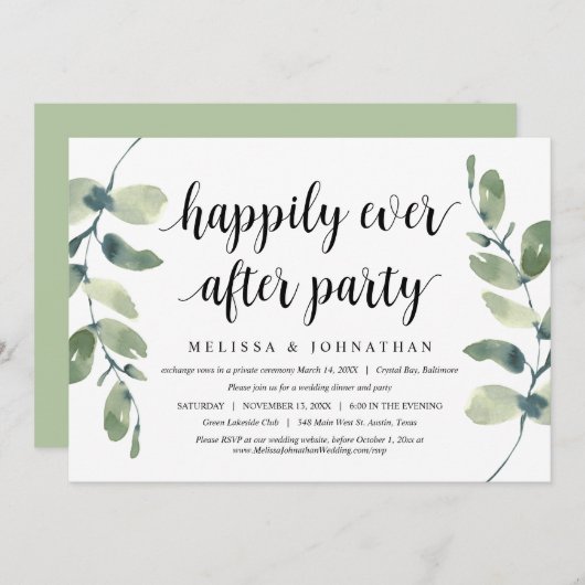 Invitation Mariage moderne en fuite, eucalyptus verdure (Devant / Derrière)