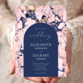 Invitation Mariage moderne en marbre bleu Arch Rose Navy