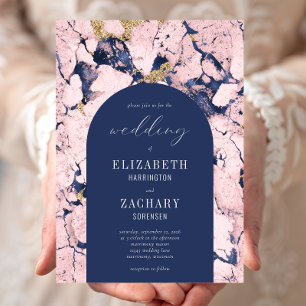 Invitation Mariage moderne en marbre bleu Arch Rose Navy