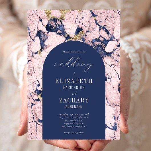 Invitation Mariage moderne en marbre bleu Arch Rose Navy
