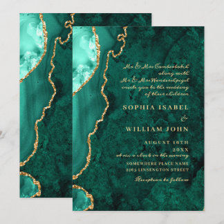 Invitation Mariage Moderne en Marbre d'Agate Vert Doré