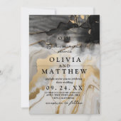 Invitation Mariage moderne en marbre noir et or (Devant)