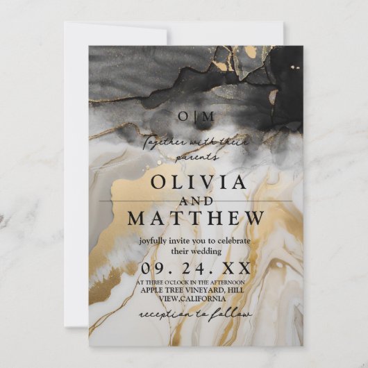 Invitation Mariage moderne en marbre noir et or (Devant)