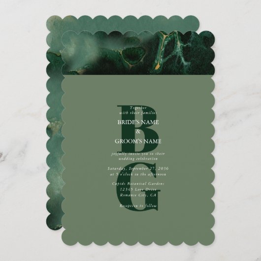 Invitation Mariage moderne en marbre vert (Devant / Derrière)