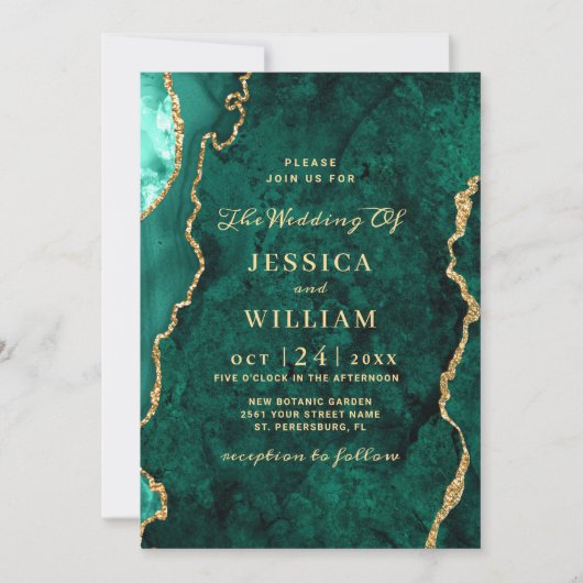 Invitation Mariage moderne en marbre vert or (Devant)