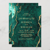 Invitation Mariage moderne en marbre vert or (Devant / Derrière)