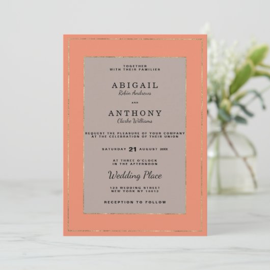 Invitation Mariage moderne en terre cuite brun or classe (Debout devant)
