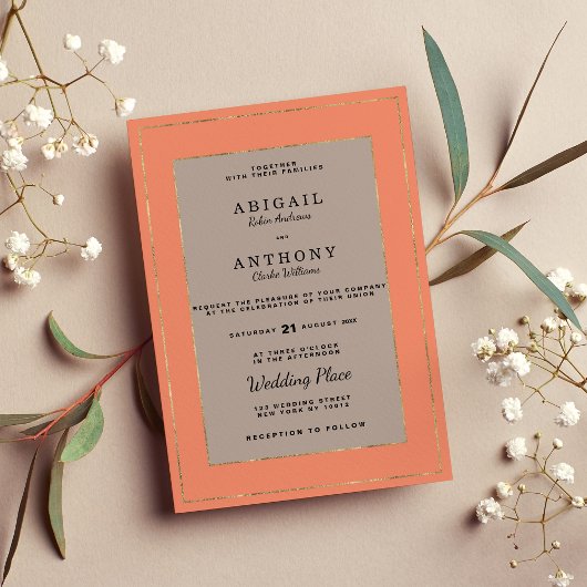 Invitation Mariage moderne en terre cuite brun or classe