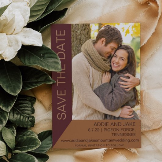 Invitation Mariage moderne Enregistrer Date Photo Bourgogne R