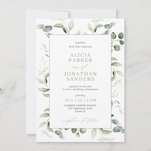 Invitation Mariage moderne et classe eucalyptus vert (Devant)