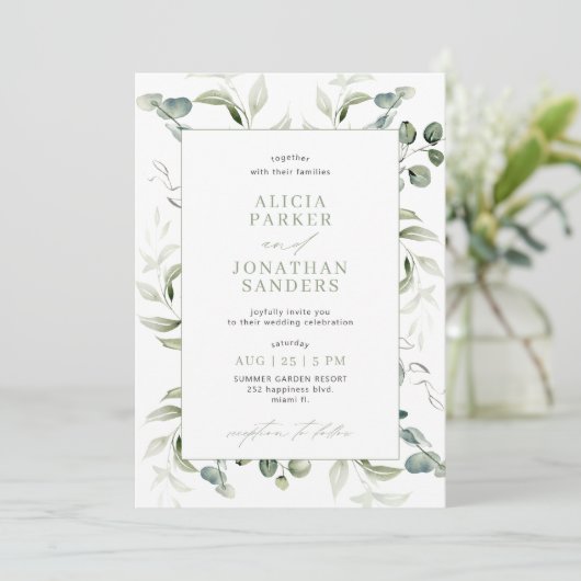 Invitation Mariage moderne et classe eucalyptus vert (Debout devant)