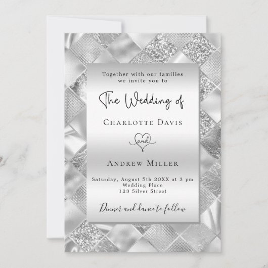 Invitation Mariage moderne et élégant en argent (Devant)