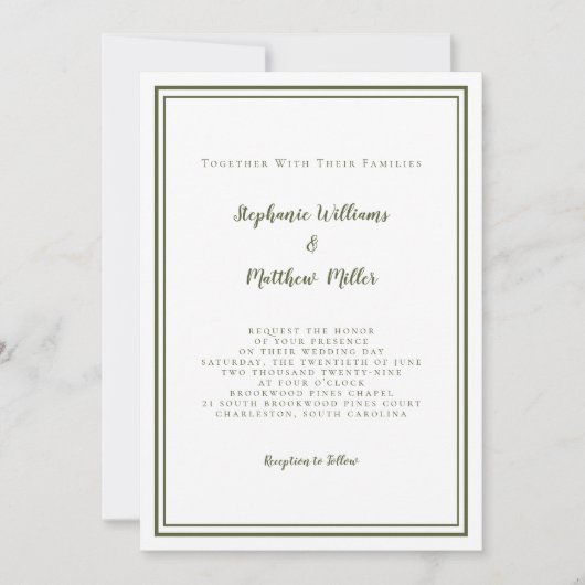 Invitation Mariage moderne et RSVP QR Code Détails Olive Gree (Devant)