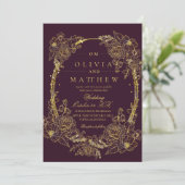 Invitation Mariage moderne et simple Burgundy Gold Florals (Debout devant)
