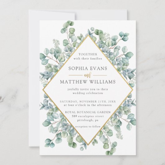 Invitation Mariage moderne Eucalyptus Verdure Gold Frame (Devant)