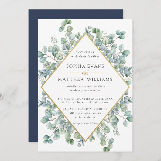 Invitation Mariage moderne Eucalyptus Verdure Gold Frame (Devant / Derrière)