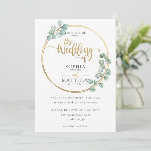 Invitation Mariage moderne Eucalyptus Verdure Gold Frame (Debout devant)