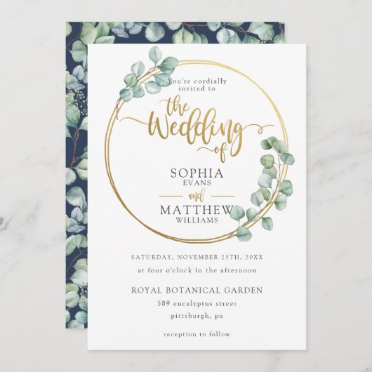 Invitation Mariage moderne Eucalyptus Verdure Gold Frame (Devant / Derrière)