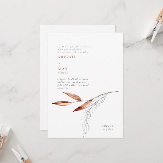 Invitation Mariage Moderne Feuillage Blanc & Terracotta (Devant/Arrière en situation)
