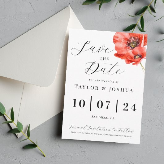 Invitation Mariage Moderne Fleur de Pavot Rouge Save the Date