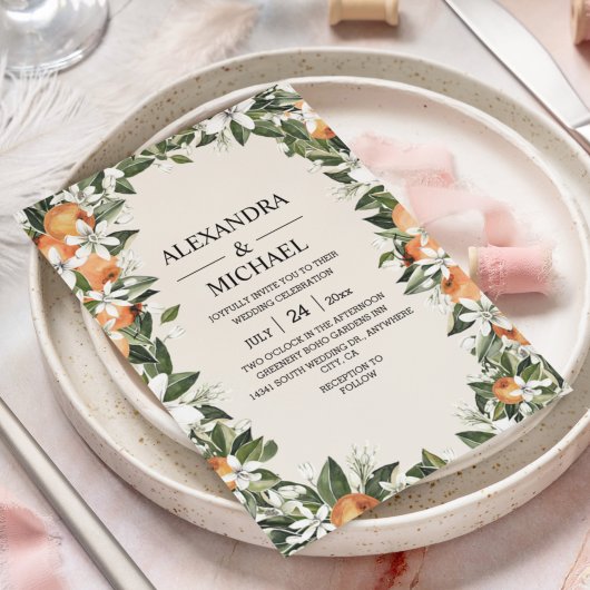 Invitation Mariage Moderne Fleur d'Orange avec Feuillage à l'