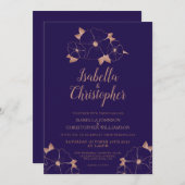 Invitation Mariage moderne fleurie en cuivre et bleu minuit (Devant / Derrière)