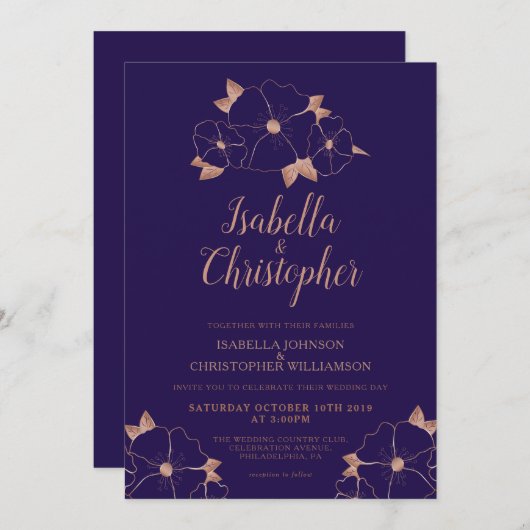 Invitation Mariage moderne fleurie en cuivre et bleu minuit (Devant / Derrière)