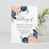 Invitation Mariage Moderne Fleurs Rose Pâle et Bleu Nuit (Debout devant)