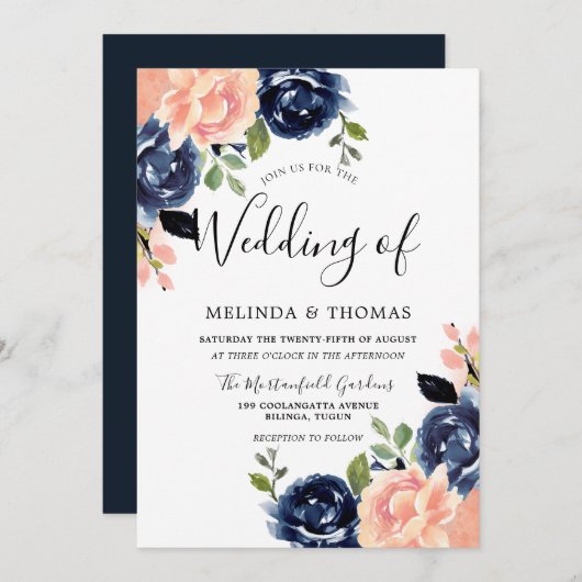 Invitation Mariage Moderne Fleurs Rose Pâle et Bleu Nuit (Devant / Derrière)
