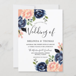 Invitation Mariage Moderne Fleurs Rose Pâle et Bleu Nuit