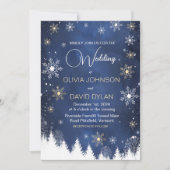 Invitation Mariage Moderne Flocon de Neige Hiver Nuit et Or (Devant)