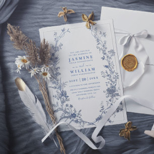 Invitation Mariage Moderne Floral Bleu Vintage Français Éléga