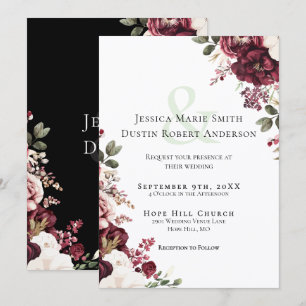 Invitation Mariage Moderne Floral Bourguignon Rouge Clair et