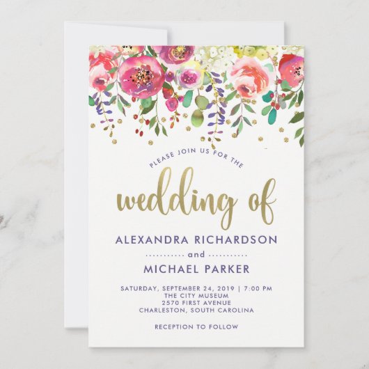 Invitation Mariage moderne floral d'aquarelle de l'or | (Devant)