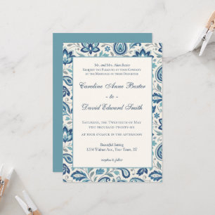 Invitation Mariage Moderne Floral Paisley Bleu et Vert