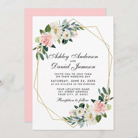 Invitation Mariage moderne Floral rose or géométrique  Pk (Devant / Derrière)