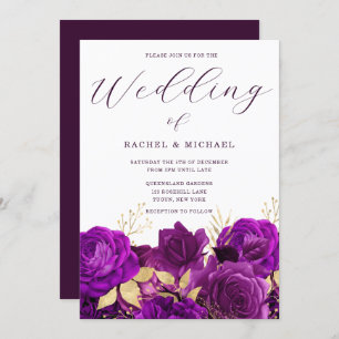 Invitation Mariage moderne floral violet et or