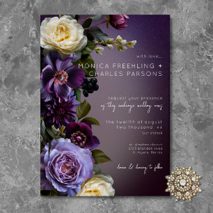 Invitation Mariage Moderne Floral Violet Lavande Sombre et Él