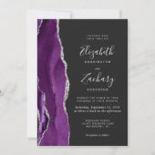 Invitation Mariage Moderne Foncé Photo Agate Argent Violet (Devant)