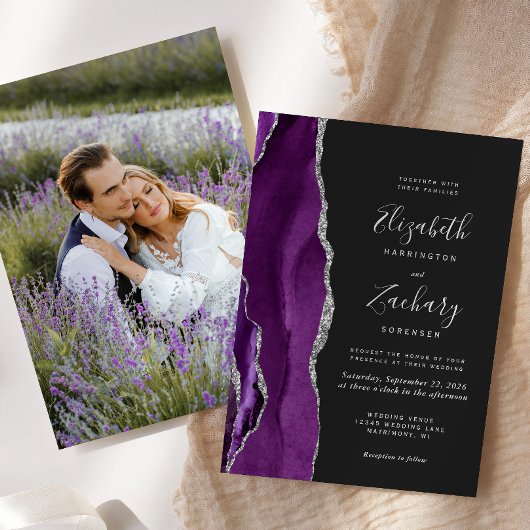 Invitation Mariage Moderne Foncé Photo Agate Argent Violet